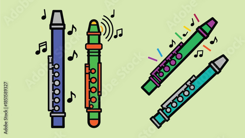 Two pairs of colorful recorders are depicted with musical notes floating around them.