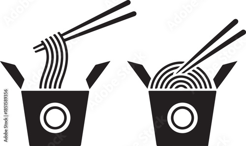 Two takeout noodle boxes with chopsticks silhouette