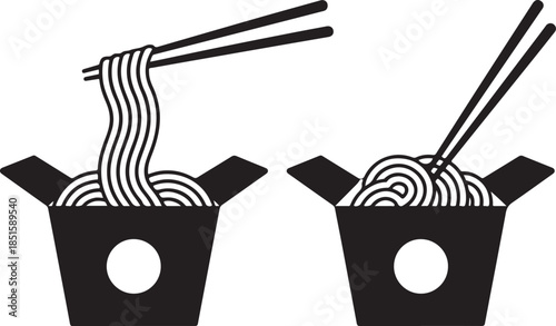 Two takeout noodle boxes with chopsticks silhouette