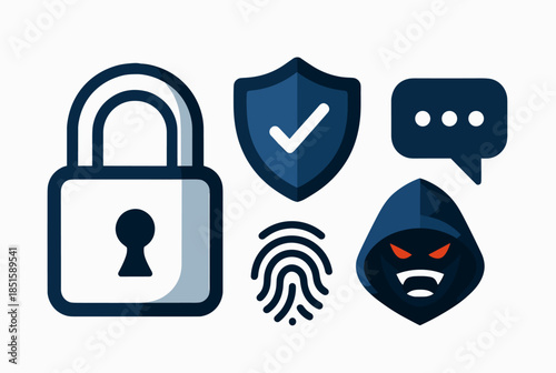 Digital Security Concept with Icons of Lock, Shield, Fingerprint, and Hacker