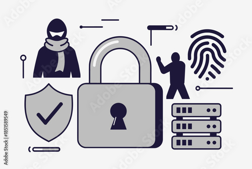 Digital Security Concept with Padlock, Hacker, and Data Protection Elements