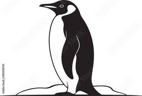 World animal day vector art of black silhouette of a penguin standing in wavy lines isolated