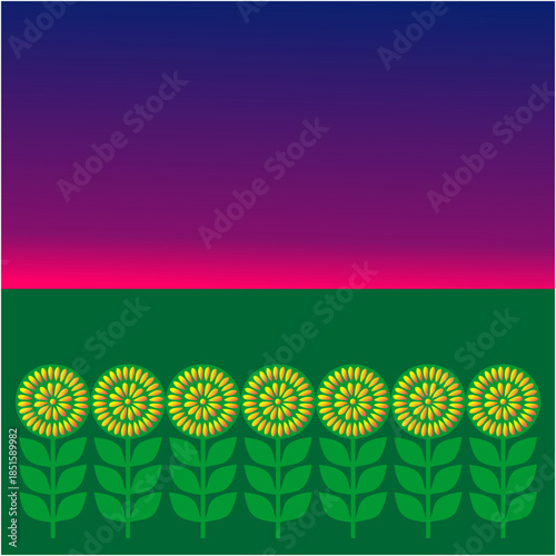 Golden flowers stand in calm rows beneath a glowing twilight sky, symbolizing hope, warmth, quiet joy, and peaceful beginnings tonight.