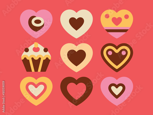 A charming grid of sweet heart shaped chocolates and festive cupcakes against a vibrant red backdrop