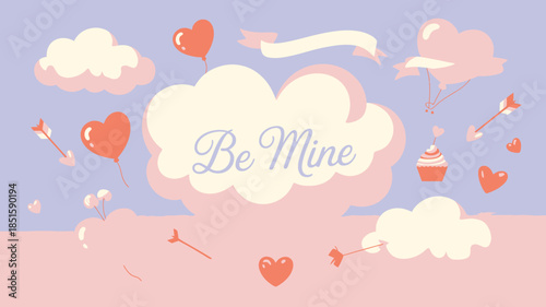 A charming illustration features whimsical clouds, playful heart balloons, and arrows on Valentines Day