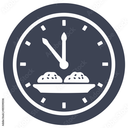 Clock showing Lunchtime or Dinner with a Meal on Plate, Food Icon, Time for Lunch