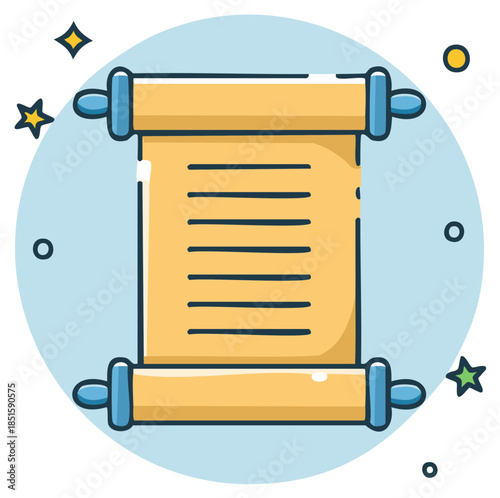Magical Ancient Scroll Icon with Stars and Text Lines Vector Illustration