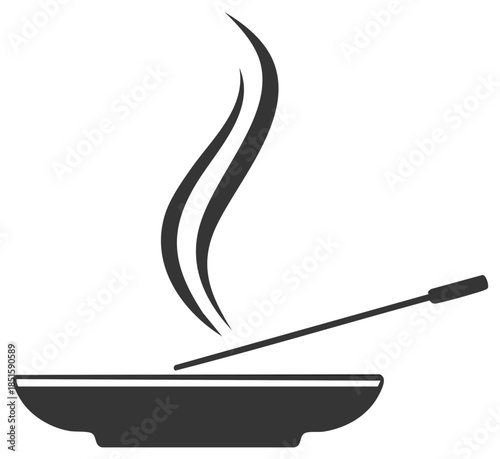 Simple vector icon of burning incense stick in a holder bowl emitting smoke