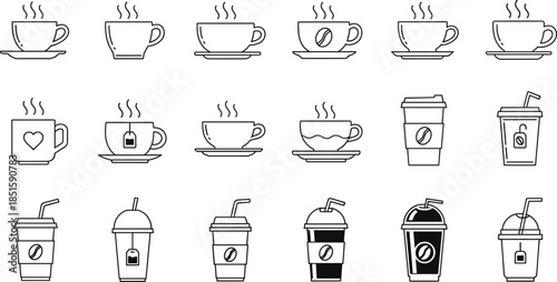 Stylized Coffee and Tea Beverage Icons Featuring Hot Cups, To-Go Containers, Steam, Heart Motifs, and Drink Symbols for UI Design
