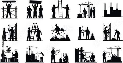 Construction workers silhouettes performing tasks like lifting, planning, scaffolding, teamwork, and operating equipment on job site isolated icons