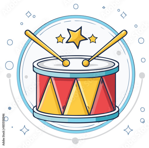 Colorful Toy Drum with Sticks and Stars Icon for Celebration and Music Concepts