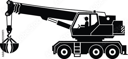 Silhouette mobile crane truck, clamshell bucket, construction machinery, operator cabin, six wheels, industrial equipment, heavy lifting, material handling, worksite, engineering