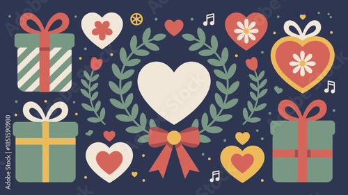 A dark blue background adorned with a large central heart surrounded by gift boxes and various embellishments