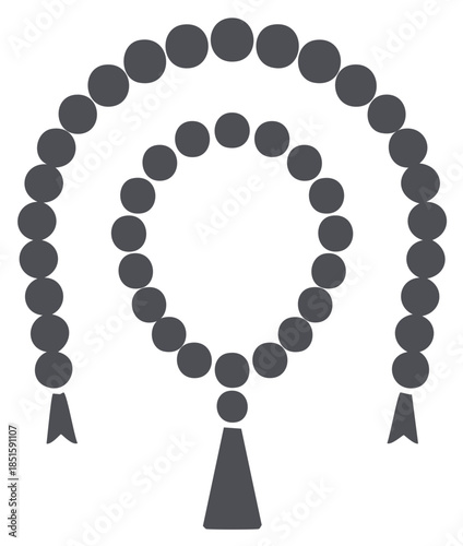 Dark grey icon of spiritual prayer beads with tassel design for meditation and religious practices