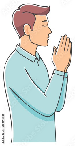 Man in profile with eyes closed praying with hands clasped together in devotion