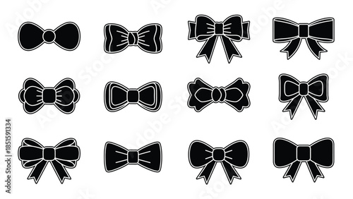 A collection of twelve black bow tie icons on a white background.
