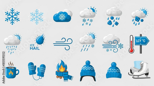 Winter weather icons set including snowflakes, clouds, rain, hail, wind, temperature, warm drink