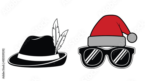 A traditional hat and a Santa hat with sunglasses are displayed side-by-side.