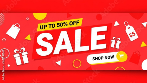 Up to 50 percent off sale shopping banner with gifts and price tags