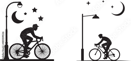 Night Rider Silhouette Vector – Moonlight, Street Lamp, Urban, After Dark, Cycling, Flat Design