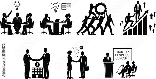 Startup teamwork, business meeting, idea generation, growth strategy, handshake deal, creative planning, rocket launch, black silhouette, vector icons, success concept