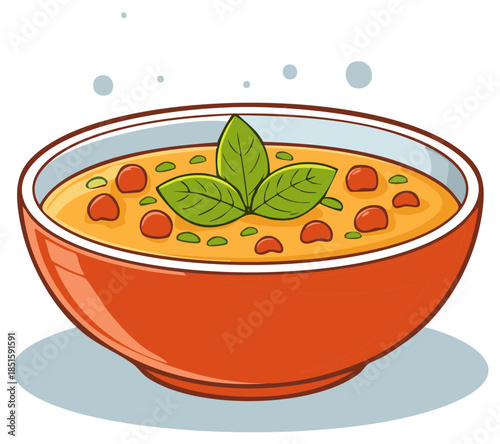 Cartoon illustration of a bowl of soup with basil leaves and tomatoes