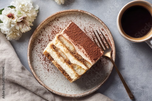 Tiramisu dessert served with fork on rustic blue background