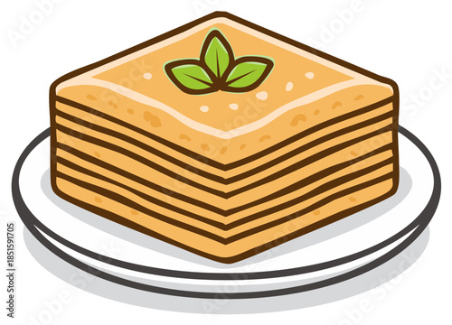 Layered Pastry Dessert Square Treat Topped with Green Leaf on Round White Plate