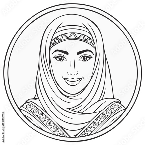Woman Wearing a Hijab Portrait in Circle Frame, Middle Eastern Design, Islamic Clothing, Veiled Lady