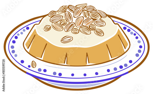 Sweet almond dessert pudding on decorative plate, delicious food illustration