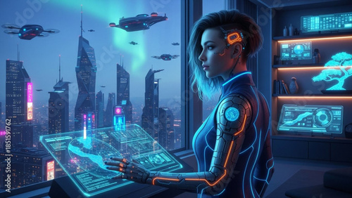 Futuristic woman in cybernetic suit interacting with holographic interface, cityscape with flying