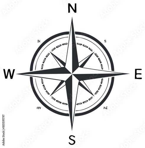 Modern minimalist compass rose vector graphic for navigation guidance and directional exploration