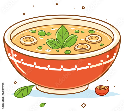 Cartoon illustration of a delicious bowl of hot soup with egg and basil garnish