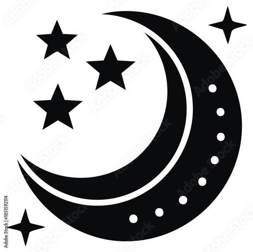 Simple graphic of a crescent moon with multiple stars, representing night and cosmic elements
