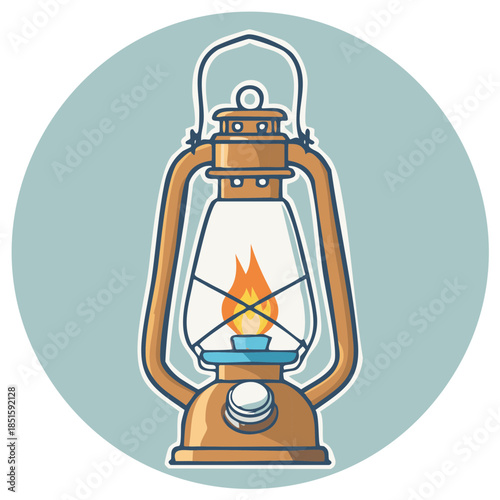 Antique kerosene lantern with burning flame inside glass