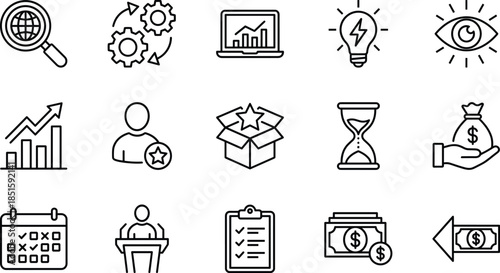 Business management line icons set for global research, financial growth, professional leadership, creative thinking, time management, strategic planning, and success.