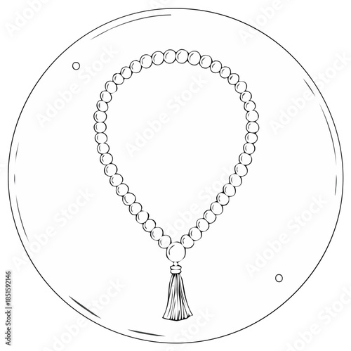 Ink drawing of a beaded necklace with tassel inside a circle.