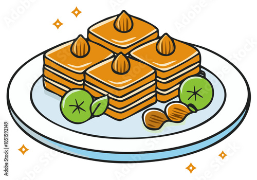 Sweet Baklava Pastry with Almonds on a Decorative Plate Cartoon Illustration
