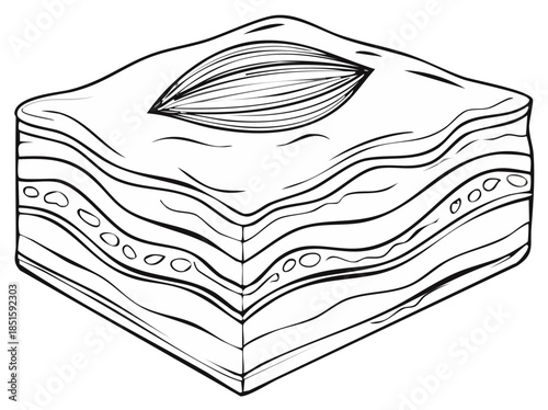 Stylized Baklava Pastry Piece: Traditional Dessert Line Art with Nut Topping