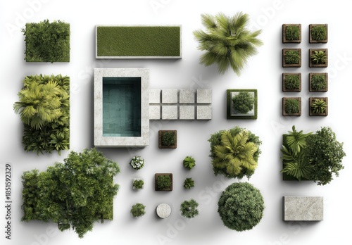 a set of top-down view 3d assets, with a white background and no shadows, featuring landscape design elements