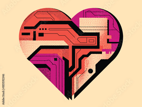 A heart shaped illustration displays intricate electronic circuit board patterns in vibrant shades of pink and red