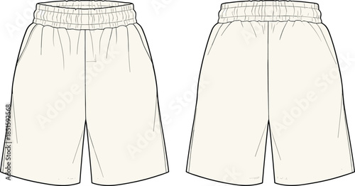 Elastic waist shorts cad drawing front back view flat vector illustration apparel technical fashion design garment template mockup