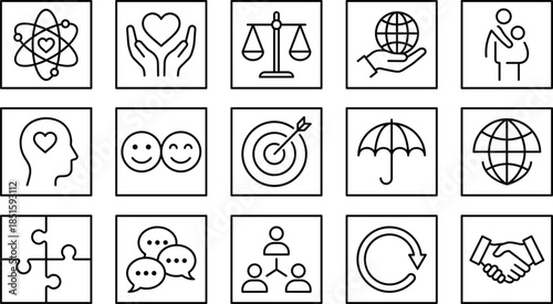 Social responsibility line icons set for ethical business, global community, mental health awareness, law justice, partnership, insurance, and corporate sustainability symbols.