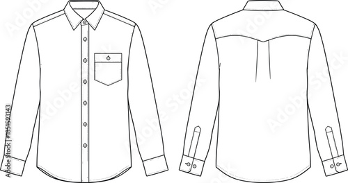 Long sleeve button shirt technical cad drawing front back view flat vector apparel design illustration template fashion garment outline mockup - cad drawing flat vector illustration
