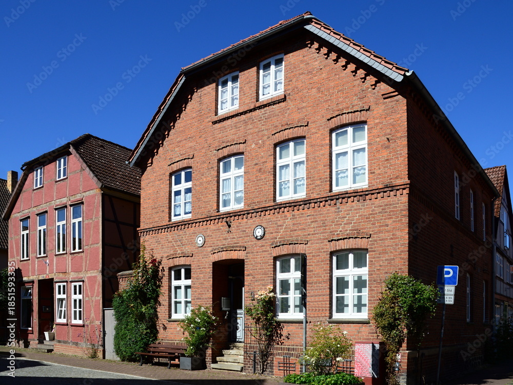 Fototapeta premium Historical Buildings in the Old Town of Hitzacker at the River Elbe, Lower Saxony