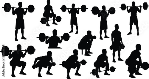 Weightlifting silhouette, barbell and dumbbell exercises, fitness poses, black vector art, strength training, gym workout, muscle building, athletic motion