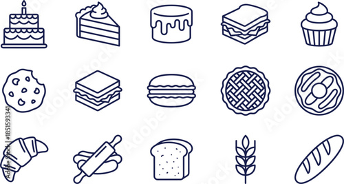 Bakery and pastry line icons set for dessert menu, cake shop branding, bread bakery logo, sweet snacks, cafe food illustration, and confectionery business.