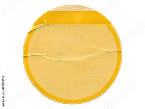 A distressed, crumpled, and torn yellow circular sticker with a light border on a white background.