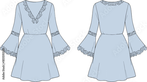 Long sleeve lace dress cad drawing front back view flat vector illustration women apparel technical fashion design garment template