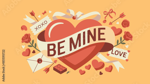 A vibrant vector illustration showcases a large red heart with a Be Mine ribbon and assorted Valentines Day symbols
